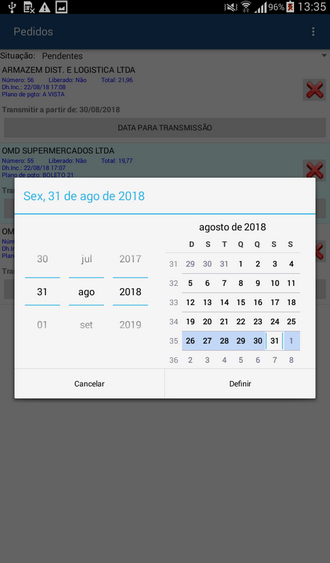 Configurando uma data para transmissão de pedidos