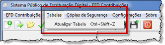EFD Contribuições - Menu Atualizar tabelas