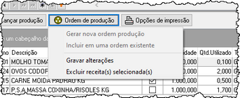 Menu de opções para ordens de produção